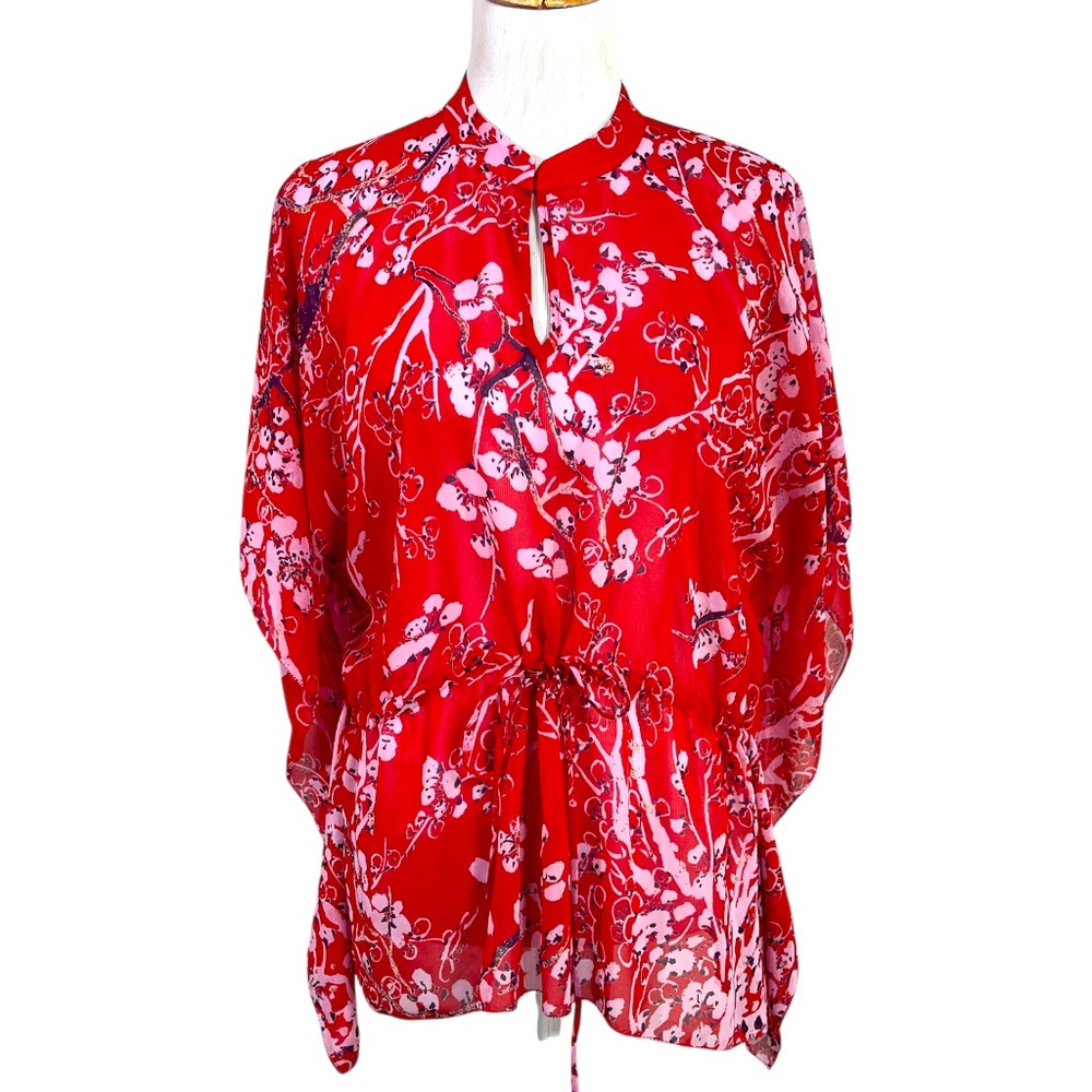 Vivienne Tam Red Cherry Blossom Kaftan Batwing Semi Sheer Drawstring Size XS